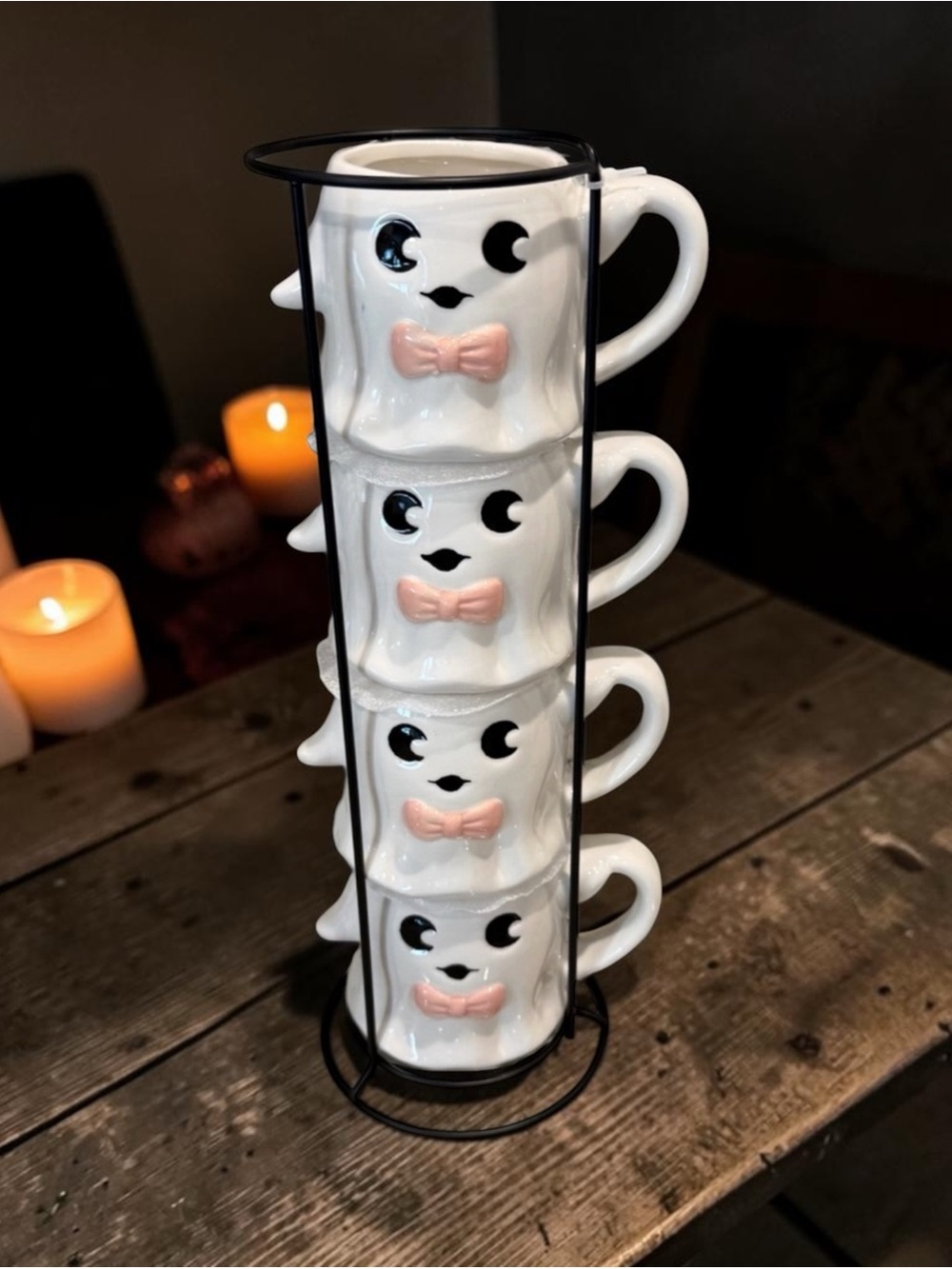 Stackable White Ghost Mugs with Pink Bows (Set of 4)